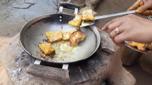 魚木製のストーブで飛ぶ インドの伝統的な料理スタイル 土のストーブで薪を燃やして料理を作っています インドの村の眺め — ストック動画