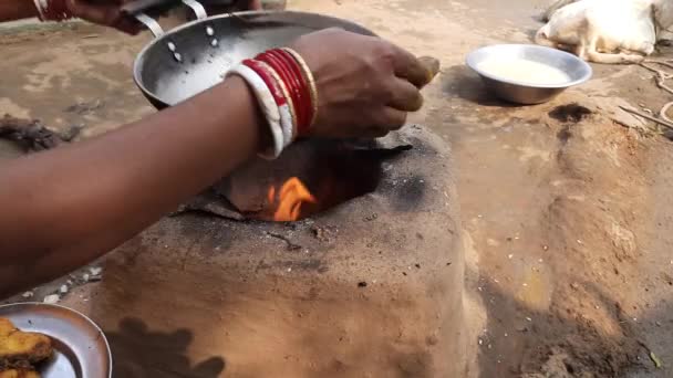 Ahşap Sobada Kızarmış Balık Hindistan Geleneksel Yemek Pişirme Tarzı Yiyecek — Stok video