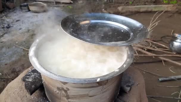Una Donna Indiana Sta Cucinando Del Riso Una Stufa Legna — Video Stock