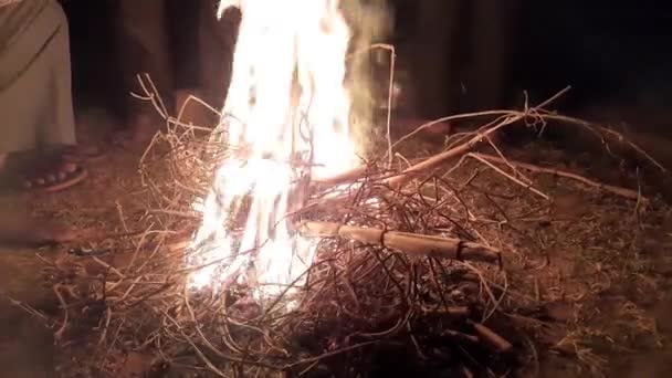 Tahta Ateş Köy Halkı Soğuk Havada Ateşi Isıtıyor Hindistan Kırsal — Stok video