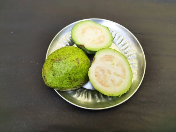Slice Guava Plate Black Background Its Other Names Common Guava — Stok Foto