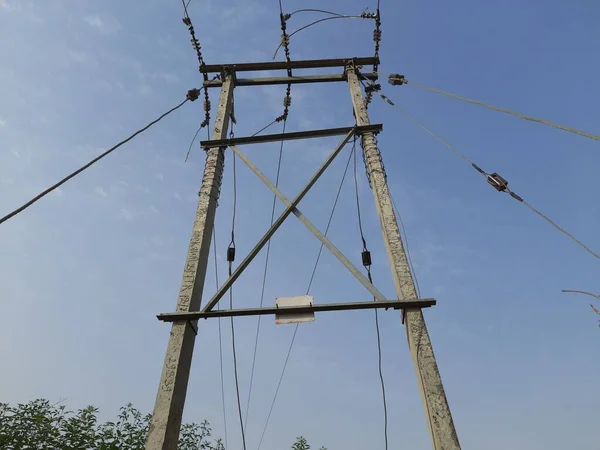 Electricity Pole Blue Sky Background Rural Area Electricity Cable Pole — Stock Photo, Image