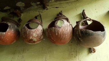 Pigeon's nest. This nest is made from clay pots. Indian traditional Pigeon's nest. Pigeons home. Bird's nest in India. 