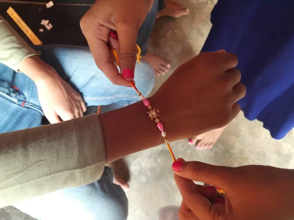Sister Tying Rakhi Her Brother Festival Celebrated India Selfless Love — стоковое фото