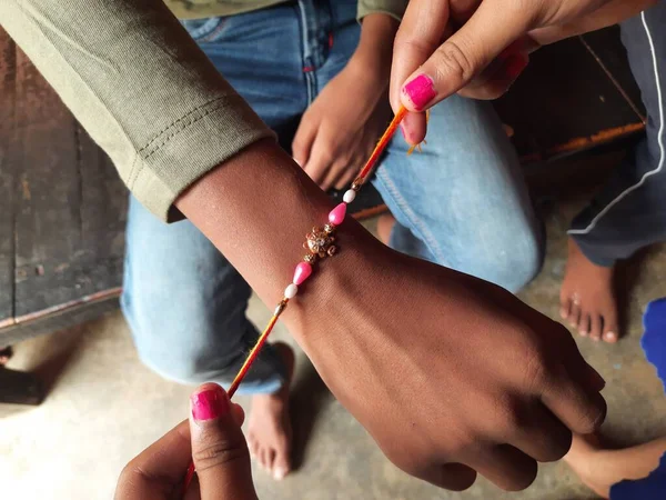 Sister Tying Rakhi Her Brother Festival Celebrated India Selfless Love — стоковое фото