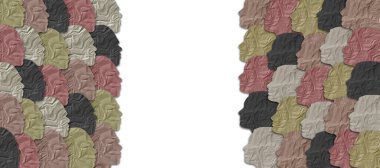İki grup insan, erkek ve kadın, karşı karşıya geldiler. Cinsiyet eşitliğinin, mücadelenin ya da eşit fırsatlar, ücretler ve haklar için savaşmanın sembolü. Çeşitlilik cilt renkleriyle gösterilir.