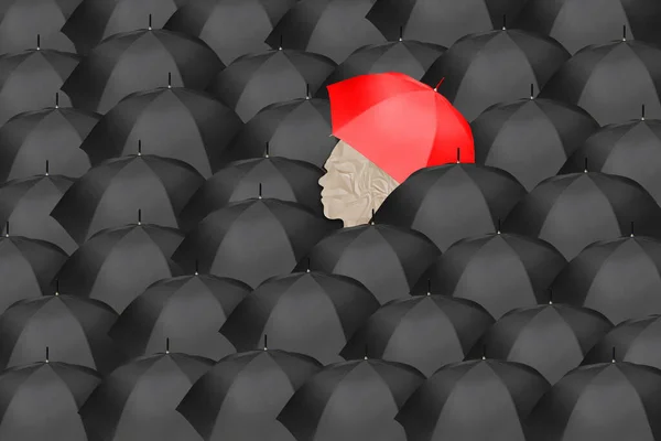 Sea of black umbrellas with one person holding a red umbrella in the center, symbolizing leadership, innovation, individuality, audacity, uniqueness.
