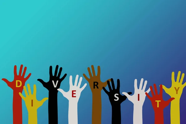 Diversity and Team Leadership concept. Raised hands of people of various colors of skin with 