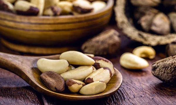 Ложка Бразильским Кулинарным Ингредиентом Бразильские Орехи Para Nuts — стоковое фото
