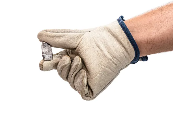 Miner Hand Protective Glove Holding Silver Color Ore Metallic Stone — Stock Photo, Image