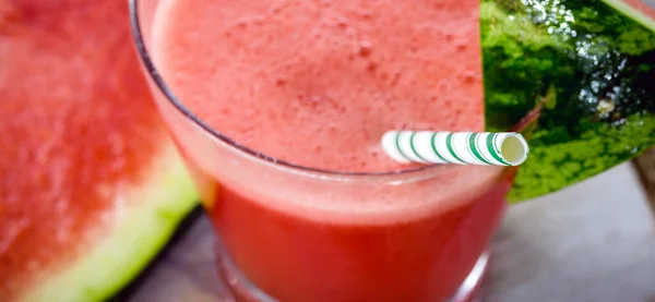Paper Straw Biodegradable Material Plastic Glass Watermelon Juice Spot Focus — Stok Foto