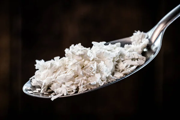 Spoon Ground Crushed Eggshell Isolated Black Background Homemade Fertilizer Plants — Foto de Stock