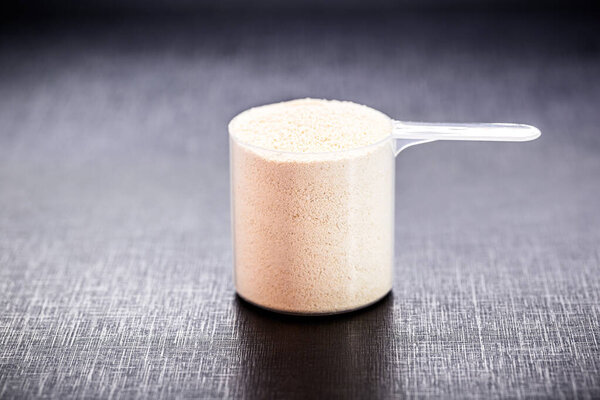measuring spoon with casein and creatine, powdered food supplements, protein or amino acid used by athletes