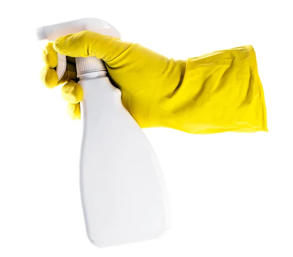Hand Protective Yellow Latex Glove Holding Spray Bottle Multipurpose Spray Stock Photo