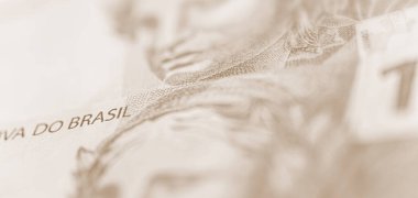 Gerçek banknot, Brezilya parası, ilgi odağı, Brezilya ekonomisi konsepti veya kağıt para detayları