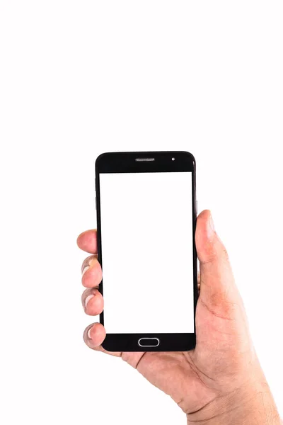Erkek Elinde Cep Telefonu Olan Siyah Akıllı Telefon Yatay Pozisyonda — Stok fotoğraf