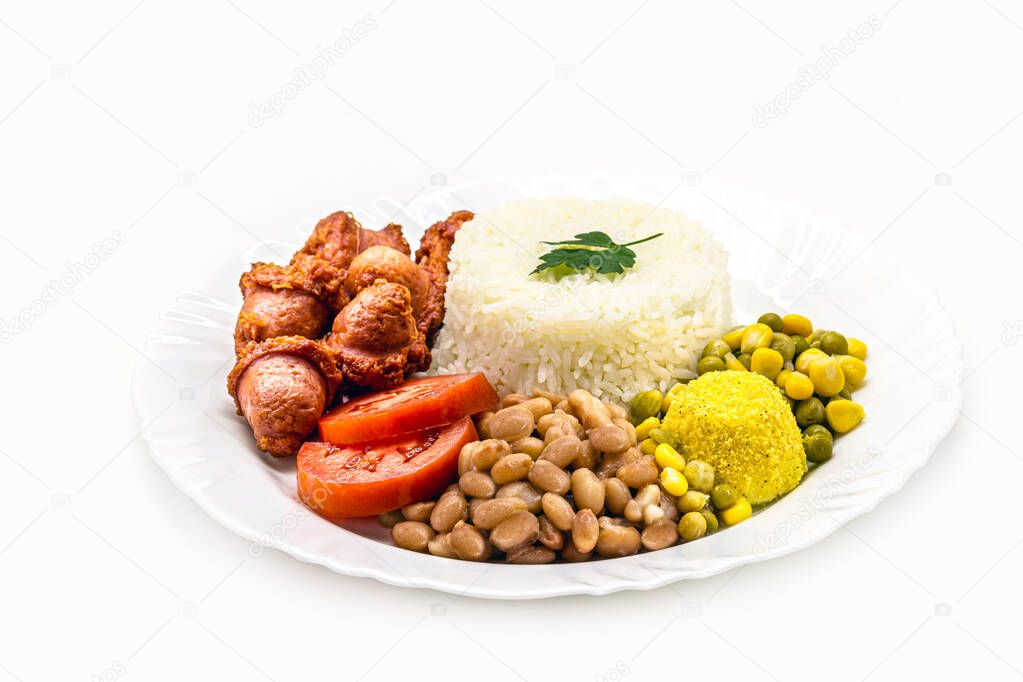 typical brazilian meal, traditional brazilian lunch, rice and beans, farofa, fries, tomato and salad with fried sausage