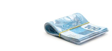 Bir tomar para, bin reais, Brezilya 'dan izole edilmiş beyaz arka planda para