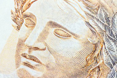 Cumhuriyetin Effigy 'sinin yüzüne yakın plan, Brezilya banknotunun ayrıntıları, tasarruf veya yatırım kavramı