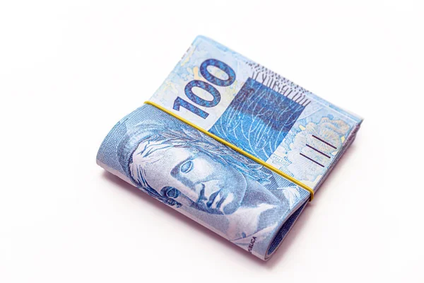 Billetes Cien Reales Gran Fajo Dinero Brasil Sobre Fondo Blanco — Foto de Stock
