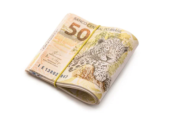 Notas Reais Grande Quantidade Dinheiro Brasil Fundo Branco Isolado Salário — Fotografia de Stock