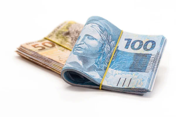 Muchos Billetes 100 Reales Dinero Brasileño Miles Reales Pago Salario — Foto de Stock