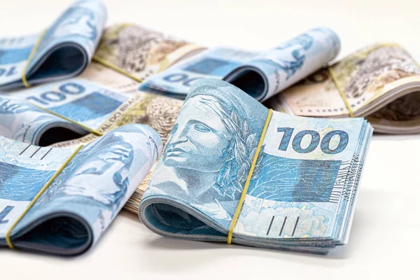 Muchos Billetes Cien Cincuenta Reales Dinero Brasileño Gran Premio Pago — Foto de Stock