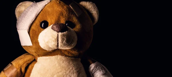 Closeup Teddy Bear Bandaged Bandages Band Aid Concept Child Abuse — Stock Photo, Image