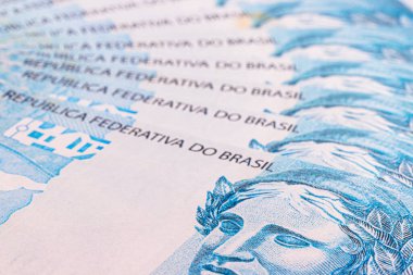 100 reais banknot, Brezilya para arka planı veya dokusu, büyüyen ekonomi veya mali yardım kavramı