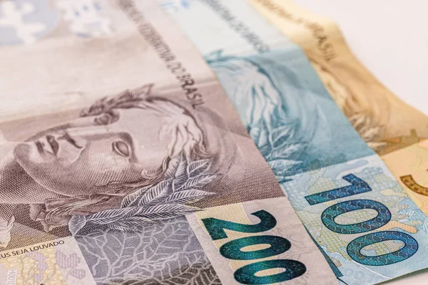 Billetes Brasileños Billetes 100 200 Reales Concepto Economía Brasileña — Foto de Stock