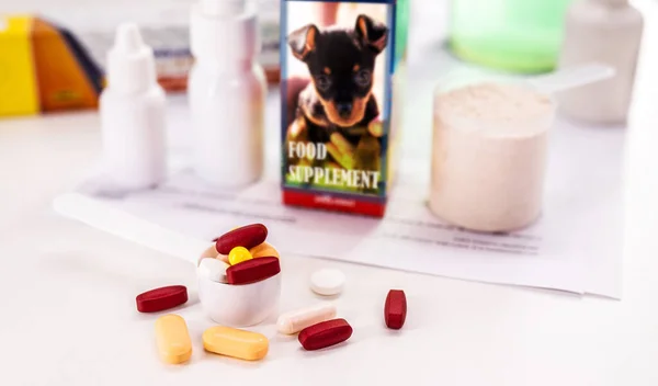 generic medicines and food supplements for animals, veterinary care, spot focus. vitamins for pet