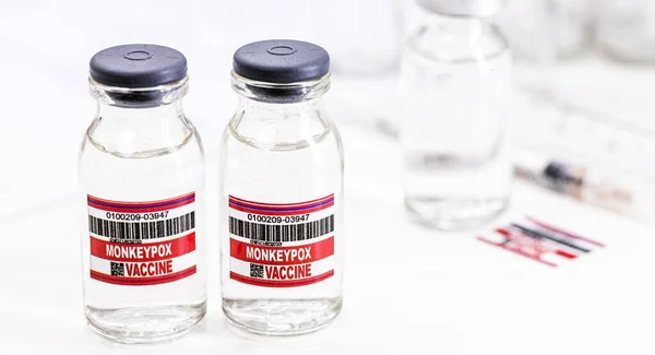 Monkeypox Vaccine Ampoules Vial Epidemic Vaccination Copy Space — Stock Photo, Image