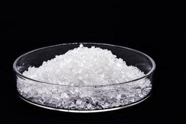 Petri kabındaki sodyum klorür, tuz veya sofra tuzu olarak bilinir, önemli gıda koruyucusu ve popüler baharat, siyah arka planda izole edilmiş.