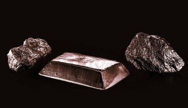copper ore ingot, real photo, isolated black background, metallurgy industry, conductive materials