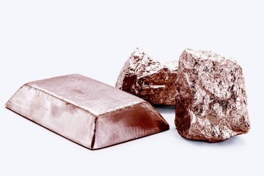 copper ore ingot and copper nuggets, real photo, isolated white background, metallurgy industry, conductive metal