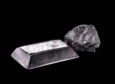 palladium stone and ingot, a transition metal used in the production of aerospace equipment, black background, isolated