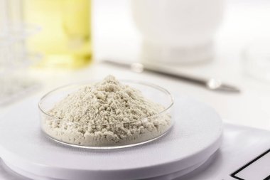 coloring pigments, colored iron oxide, in petri dish, laboratory, precision balance, industrial use