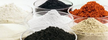 pigments for coloring, colored iron oxide, in petri dish, laboratory, precision balance, industrial use, porcelain and ink