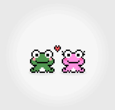 8-bit pixel of frog couple in love. Animal in Vector illustration for cross stitch and game assets.