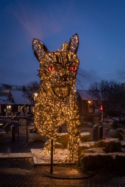 Reykjavik, İzlanda - 8 Aralık 2021: Reykjavik şehir merkezinde büyük bir LED kedi (Jlakotturinn). Noel Aydınlatma. Kış gecesi, insan yok.. 
