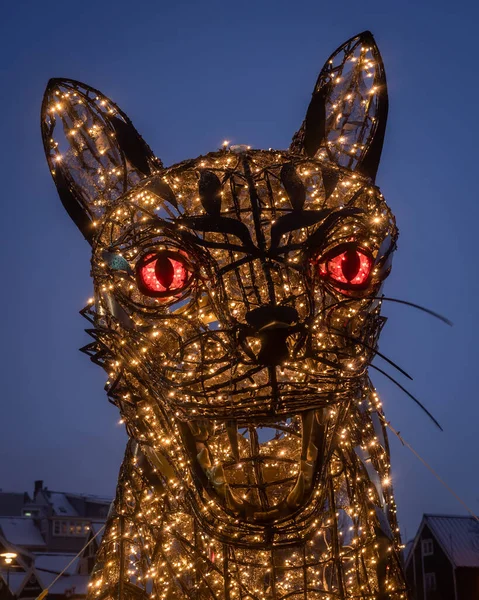 Reykjavik, İzlanda - 8 Aralık 2021: Reykjavik şehir merkezinde büyük bir LED kedi (Jlakotturinn). Noel Aydınlatma. Kış gecesi, insan yok.. 