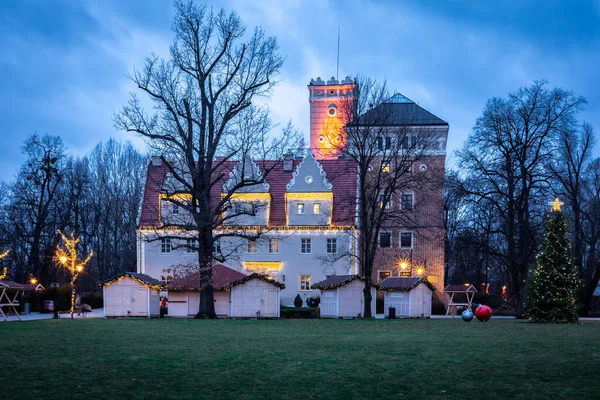 Zamek Topacz Polônia Janeiro 2021 Castelo Topacz Noite Inverno Árvore — Fotografia de Stock