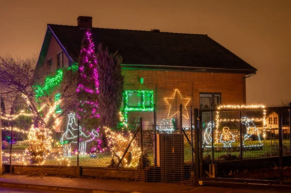 Sleza Poland January 2022 House Illuminated Christmas Lights Winter Night — Stock Photo, Image