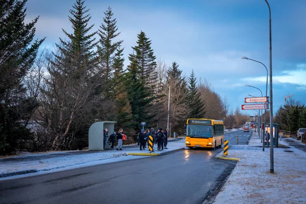 Reykjavik Islandia Enero 2022 Grupo Escolares Que Suben Autobús Parada — Foto de Stock