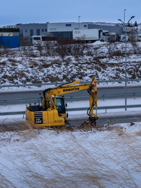 Reykjavik Islandia Enero 2022 Vehículo Excavadora Ruedas Komatsu Pw148 Amarillo — Foto de Stock