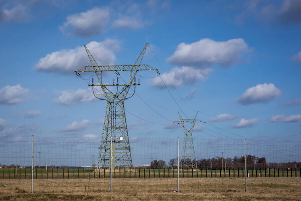 Wroclaw, Poland - February 19, 2022: High voltage line in Wroclaw suburbs. 