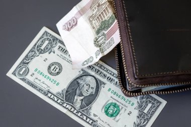 Masadaki cüzdanda 1 Amerikan doları ve 100 Rus rublesi var..