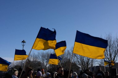 Reykjavik, İzlanda - 13 Mart 2022: Ukrayna bayrakları, Rus büyükelçilik binası önünde düzenlenen barışçıl bir gösteride Ukrayna 'da savaşı protesto eden insanların taşıdığı bayraklar. 
