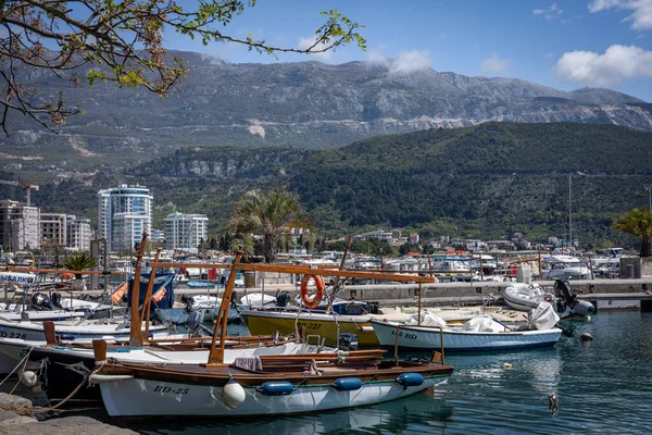 Budva Montenegro April 2022 Small Fishing Boats Moored Budva Harbour — Fotografia de Stock