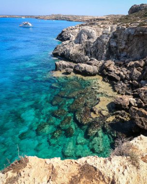 View of the sea and cliffs of Blue Lagoon, Cape Greco, Cyprus.